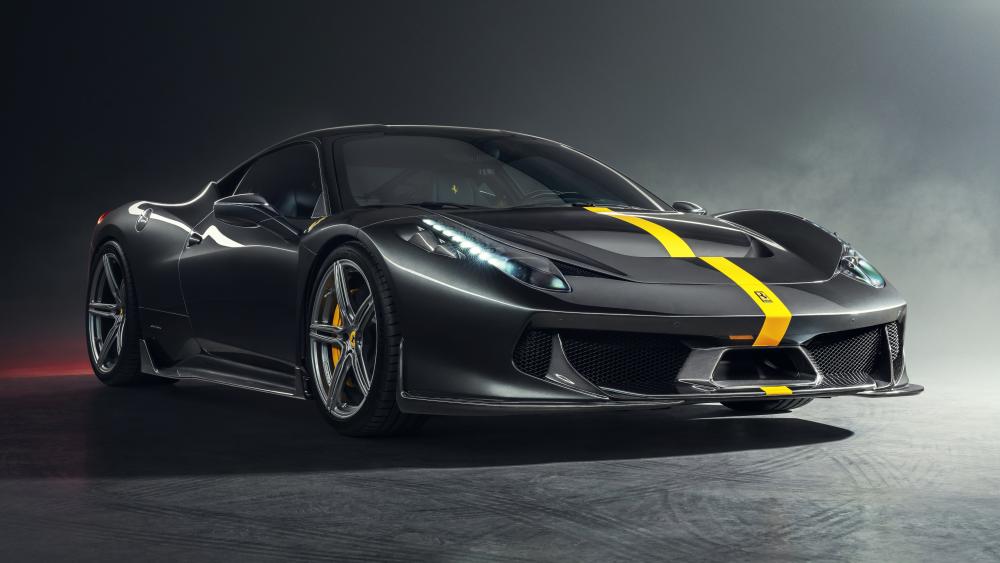 Stealth Ferrari 458 with Yellow Racing Stripe in Cinematic 8K wallpaper