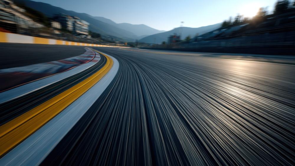 Sunlit Mountain Raceway Curve on High Speed Asphalt in 4K wallpaper
