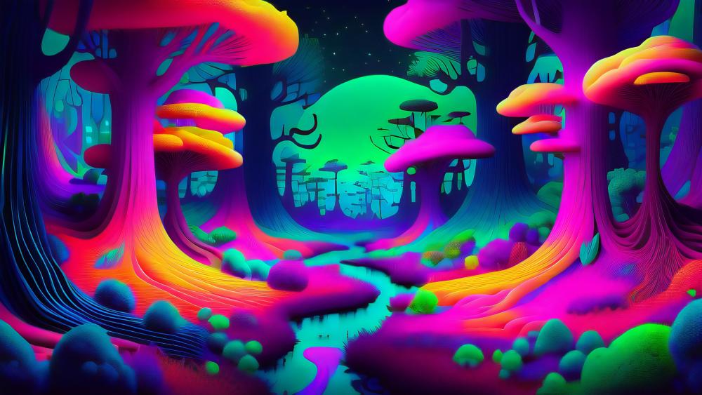 Neon Mushroom Forest Dreamscape in Psychedelic Multicolor Glow wallpaper