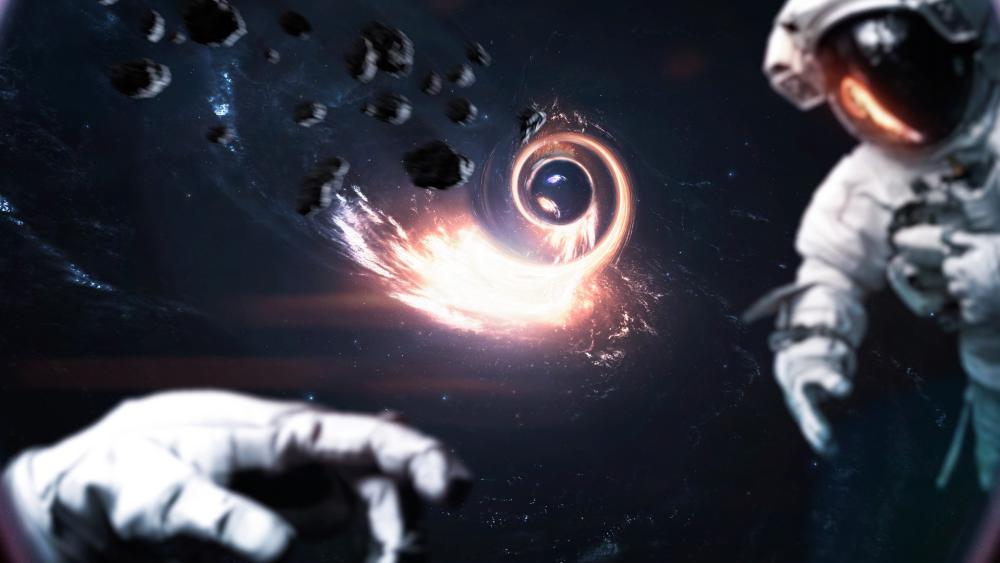 Astronaut Reaching Toward a Spiraling Wormhole in Deep Space wallpaper