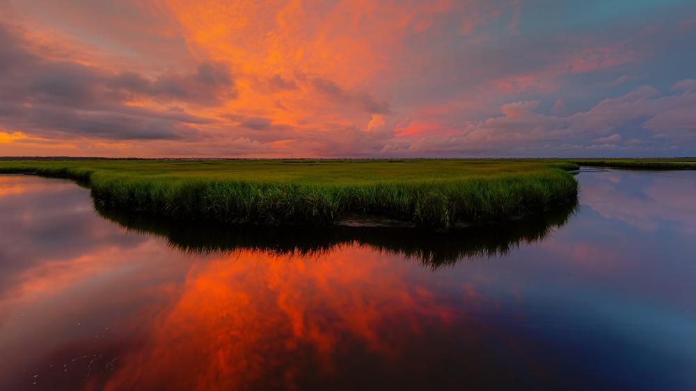 Crimson Sunset Reflections Over a Quiet Marshland Horizon in 5K wallpaper
