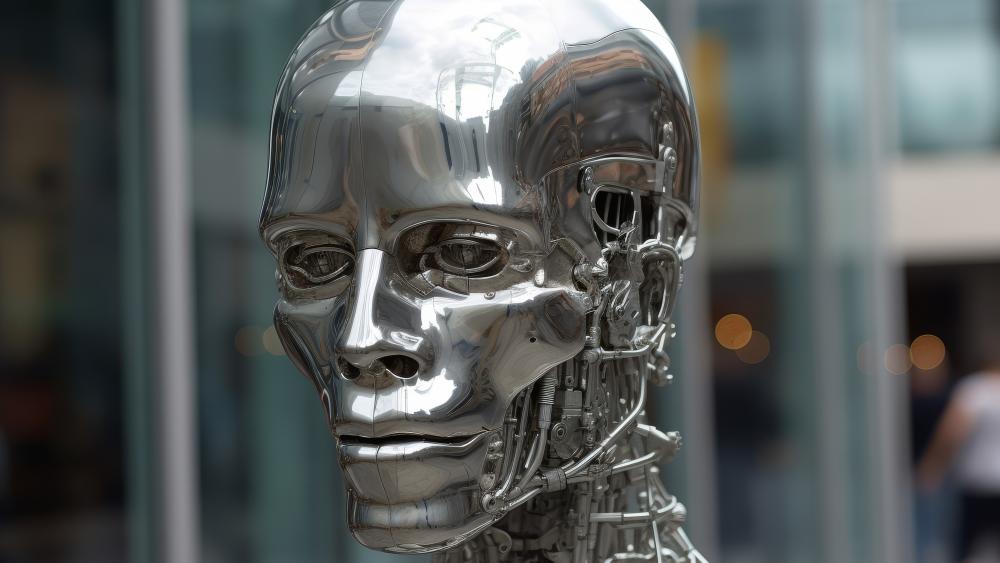 Chrome Humanoid Robot Portrait in a Futuristic Cityscape wallpaper
