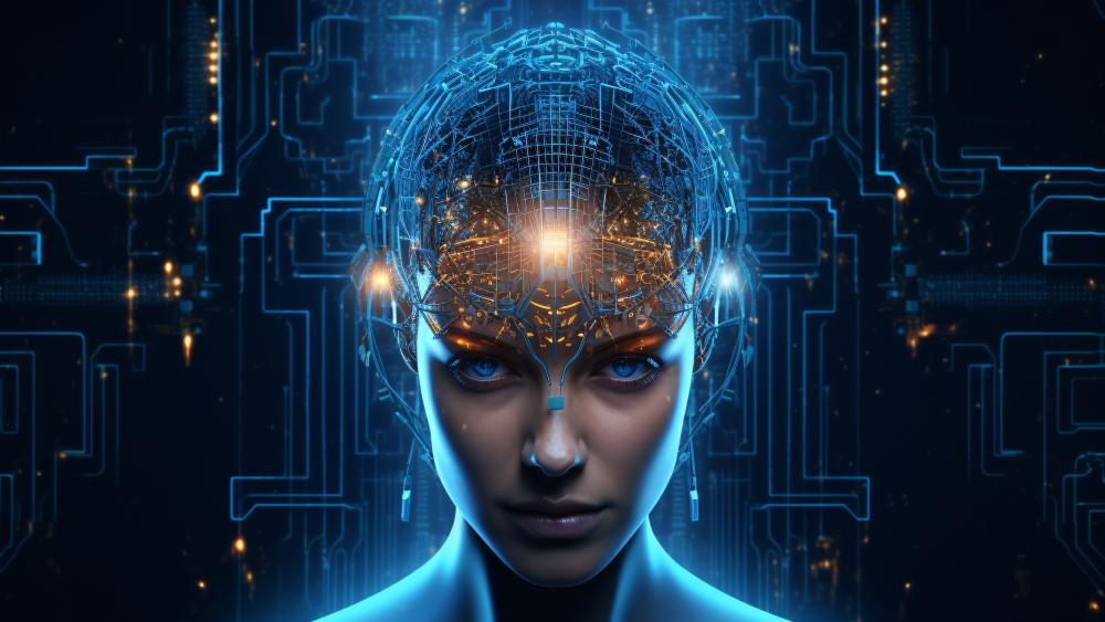 Neon Synapse Android Mind in a Futuristic Circuit Cathedral wallpaper