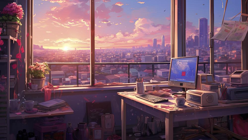 Sunset City Window Office Lofi Anime Workspace Wallpaper wallpaper