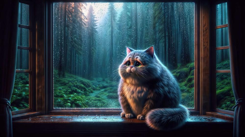 Rainy Window Vigil of a Fluffy Tabby with Big Meow Energy wallpaper