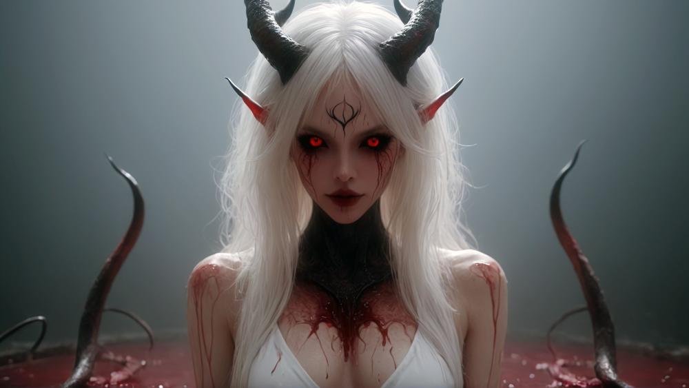 White Haired Demon Queen with Crimson Eyes and Black Horns wallpaper