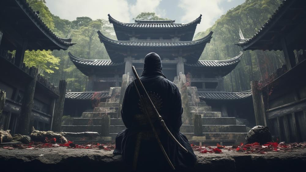Silent Ronin at the Forgotten Temple in Misty Forest wallpaper