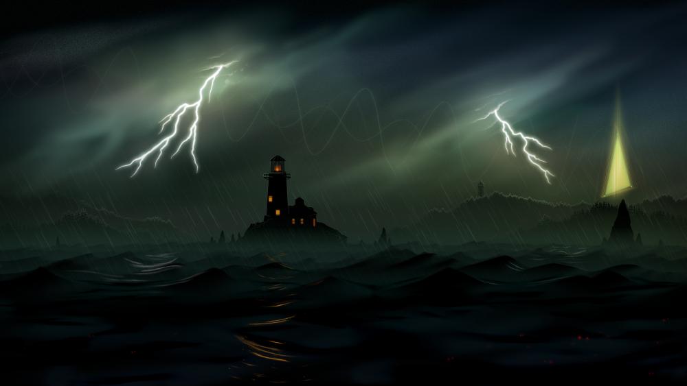 Stormbound Lighthouse in a Dark Fantasy Sea wallpaper