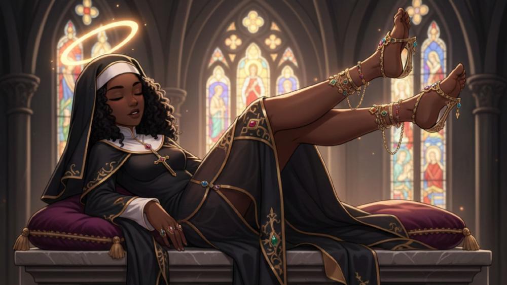 Heavenly Reverie Anime Nun Lounging in Stained Glass Cathedral Glow wallpaper
