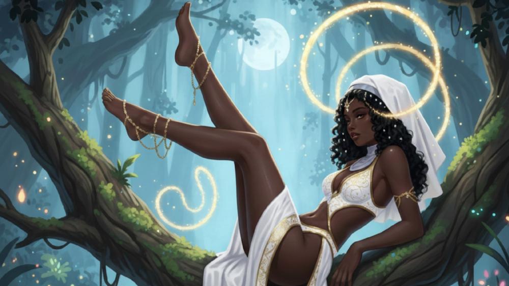 Moonlit Forest Muse with Golden Runes and Serene Anime Elegance wallpaper