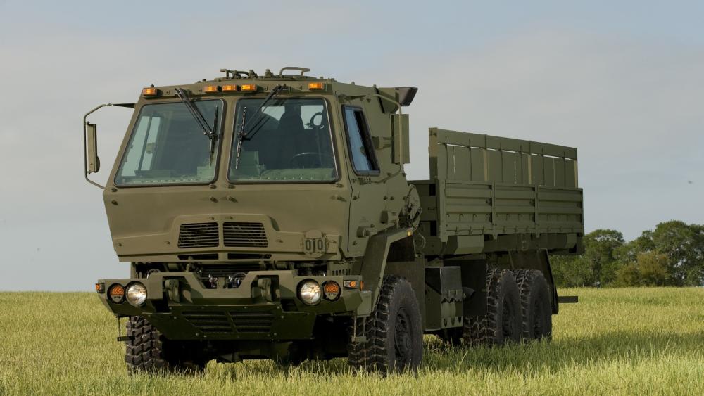 FMTV Tactical Truck Standing Ready on Open Grassland wallpaper