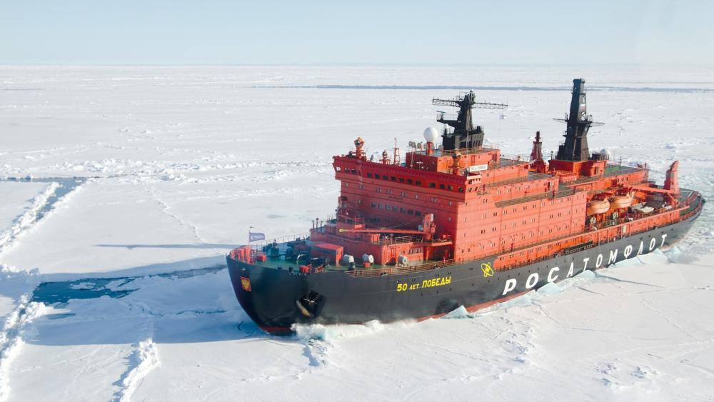 Nuclear Icebreaker 50 Let Pobedi Cutting Through Arctic Sea Ice wallpaper