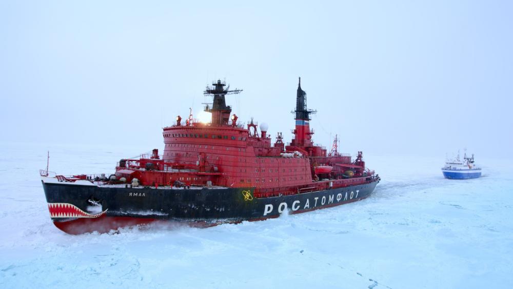 Nuclear Icebreaker 50 Let Pobedi Carving Through Arctic Sea Ice wallpaper