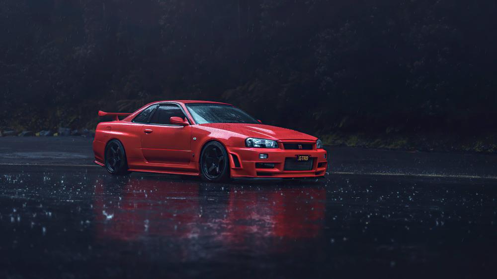 Red Nissan Skyline GT-R R34 Racing Through the Rainy Night wallpaper