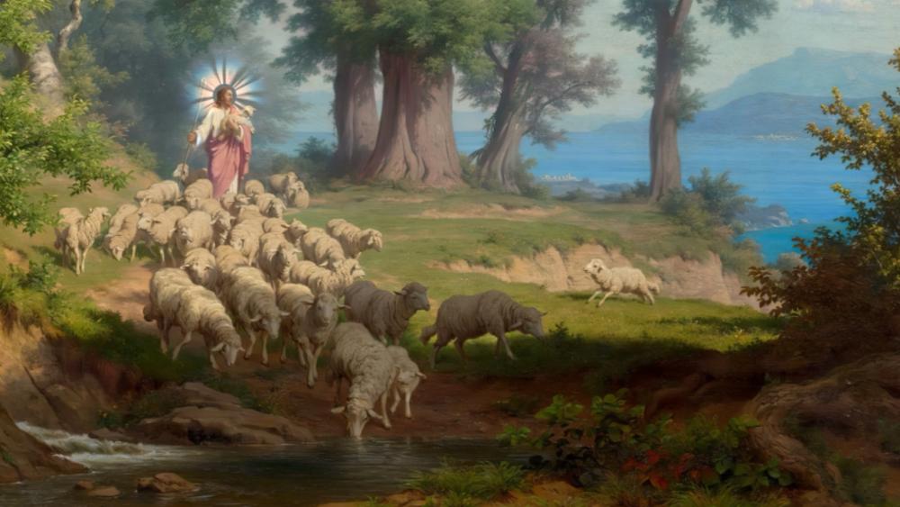The Good Shepherd Guiding a Peaceful Flock Through Eden Fields wallpaper