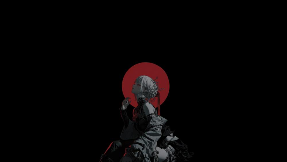 Crimson Halo Cyberpunk Anime Girl in Midnight Silence wallpaper
