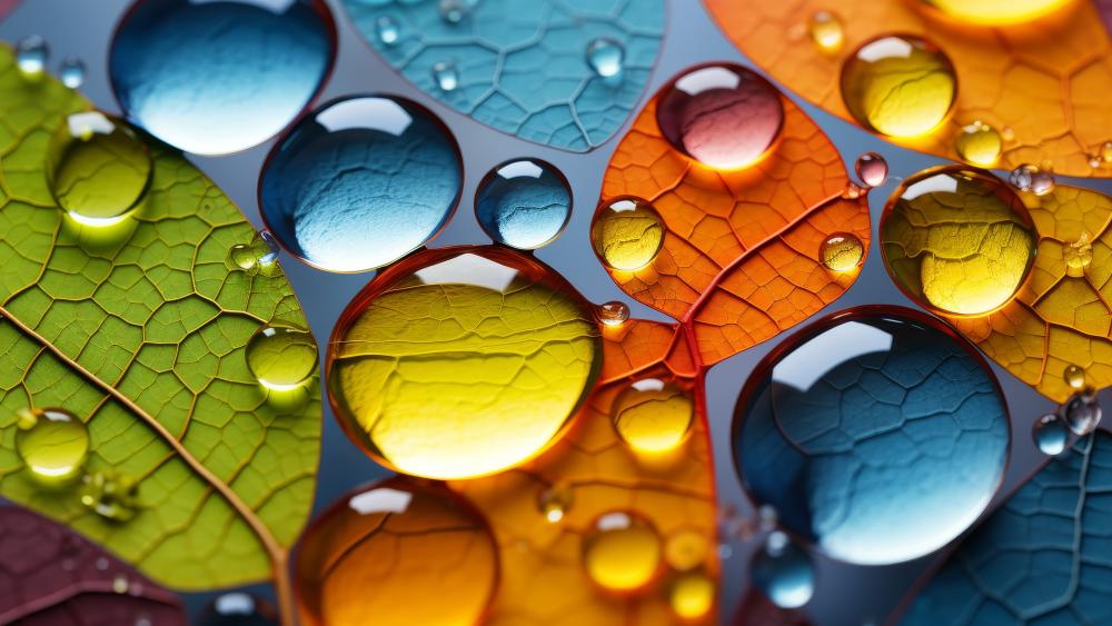 Prismatic Waterdrops on Veined Leaves Abstract Macro Glow wallpaper