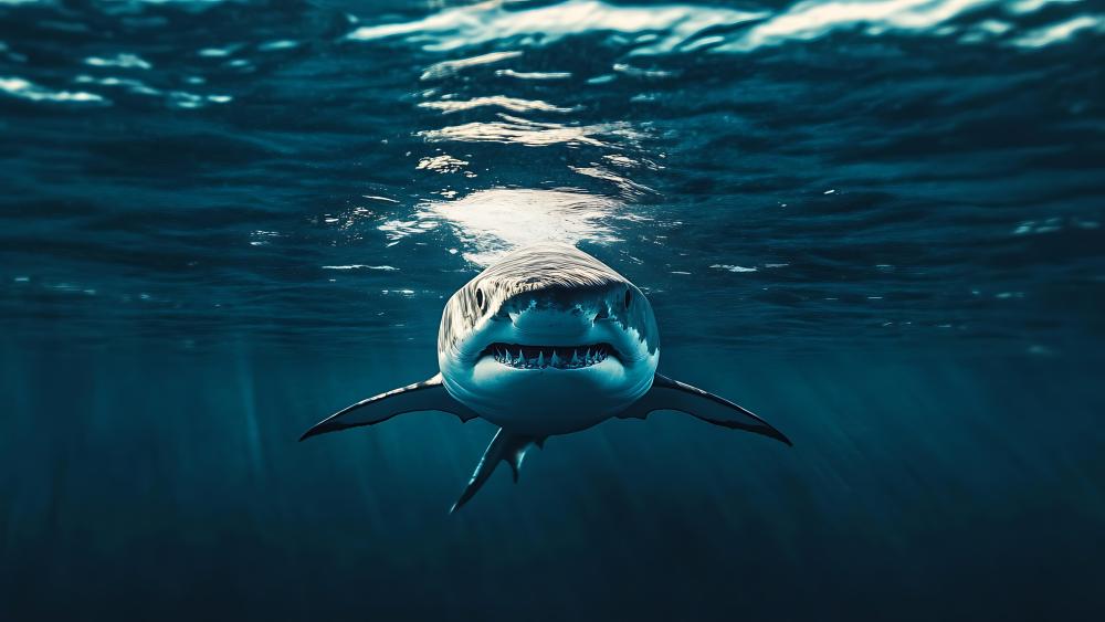 Majestic Great White Shark Gliding Through Deep Ocean Light wallpaper