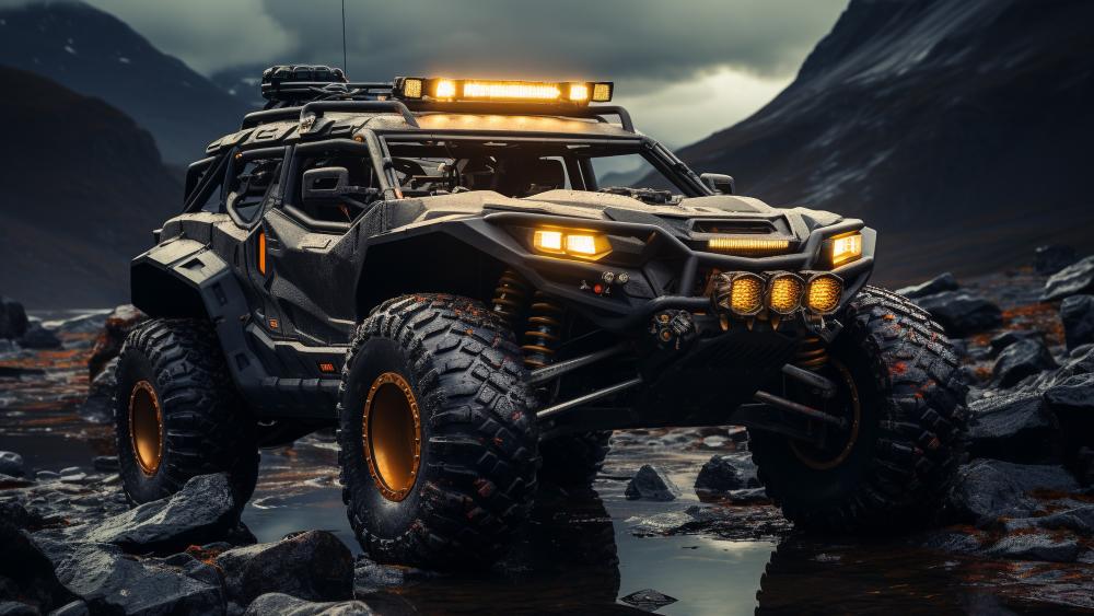 Armored Off Road SUV Conquering Stormy Mountain Terrain in 5K wallpaper