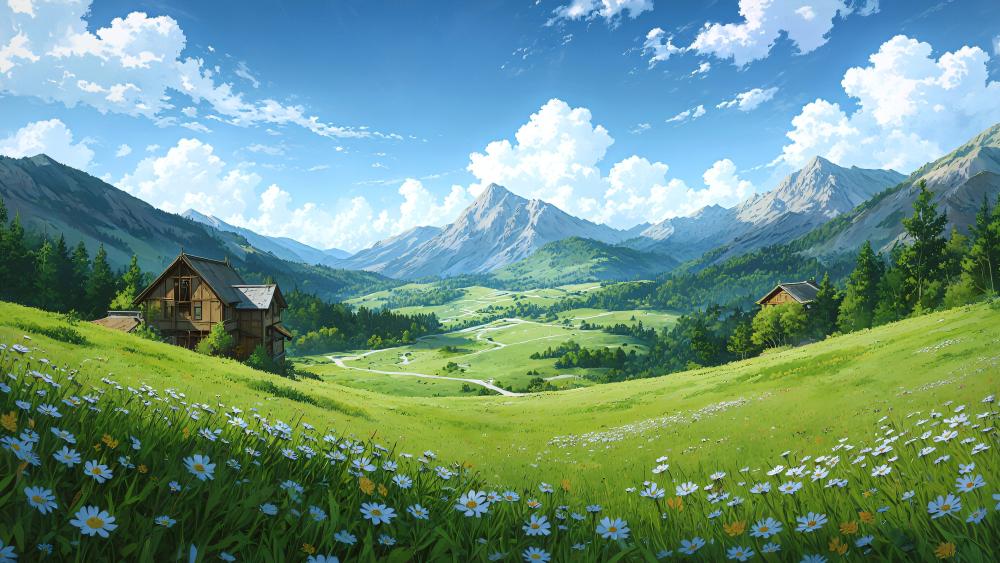 Sunlit Anime Valley Meadow with Cozy Hillside Houses in 4K wallpaper