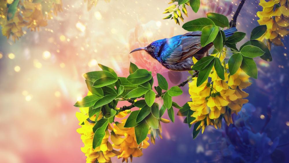 Radiant Purple Honeycreeper Among Golden Blossoms in Dreamy Light wallpaper