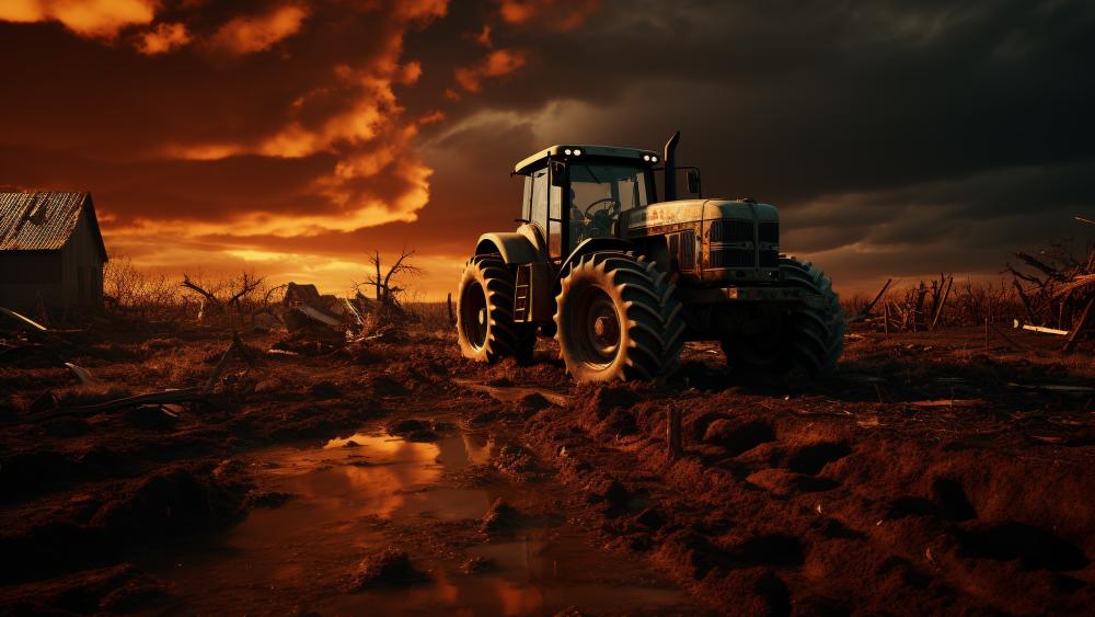 Stormlit Tractor on Rugged Farmland at Dusk in 5K wallpaper