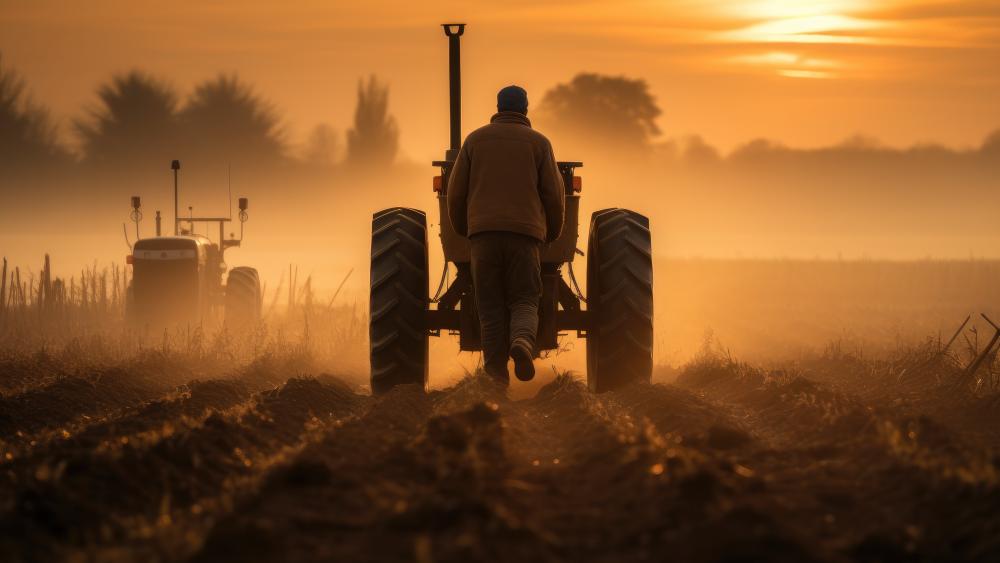 Dusk Harvest Run Farmworker Walking Toward Tractor in Golden Mist wallpaper