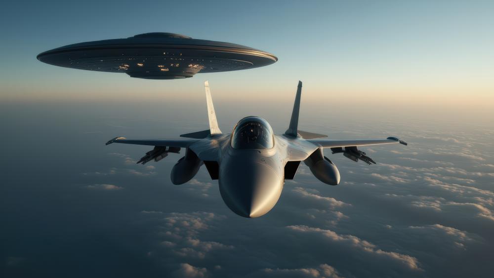 Skyborne Encounter Fighter Jet Escorting Silent UFO Above Clouds wallpaper