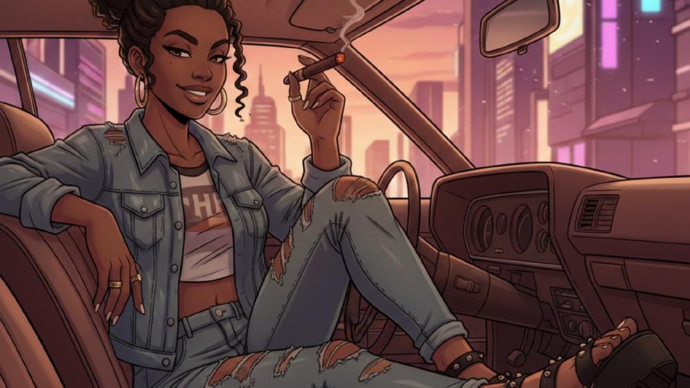 Neon Sunset Cruise Anime Girl With Cigar and Streetwise Style wallpaper