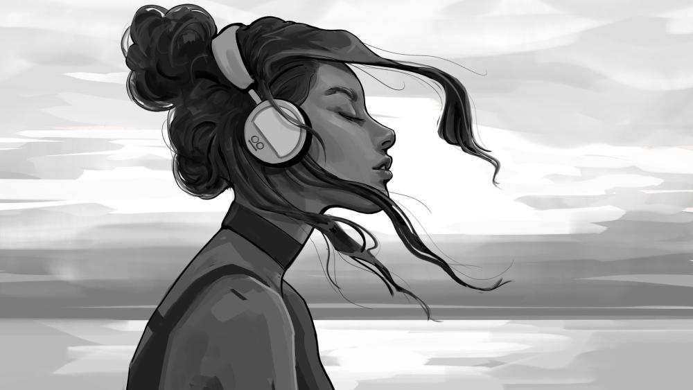 Monochrome Lo Fi Dreamer Girl Lost in Headphones and Wind wallpaper