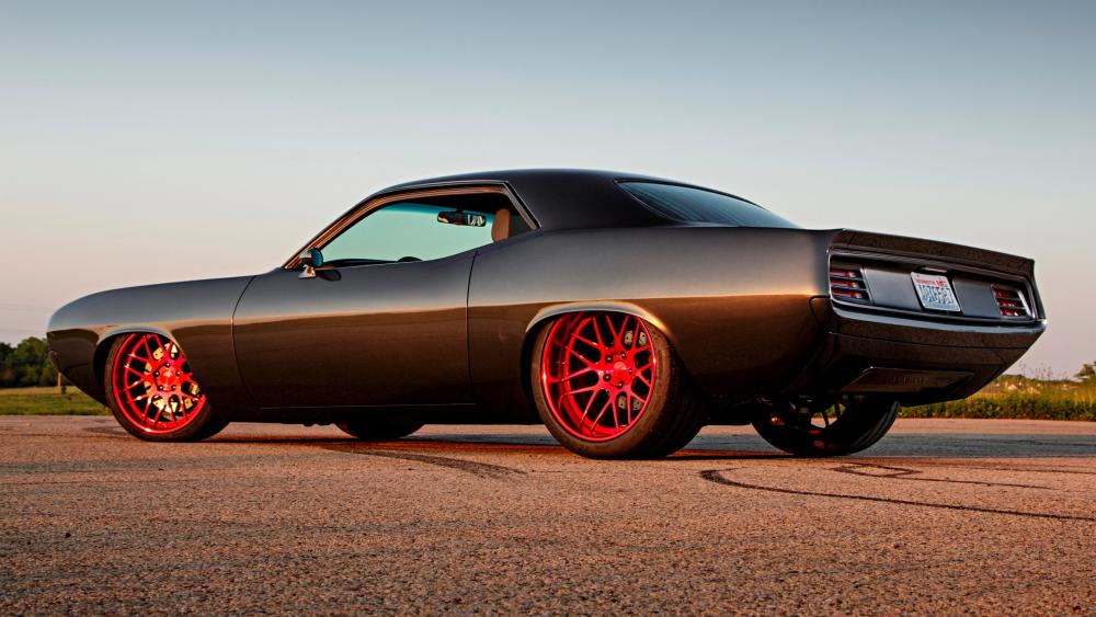 Satin Black Plymouth Hemi Cuda Muscle Car at Sunset 4K wallpaper