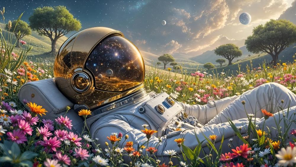 Stargazer Astronaut Resting in a Wildflower Dreamscape wallpaper