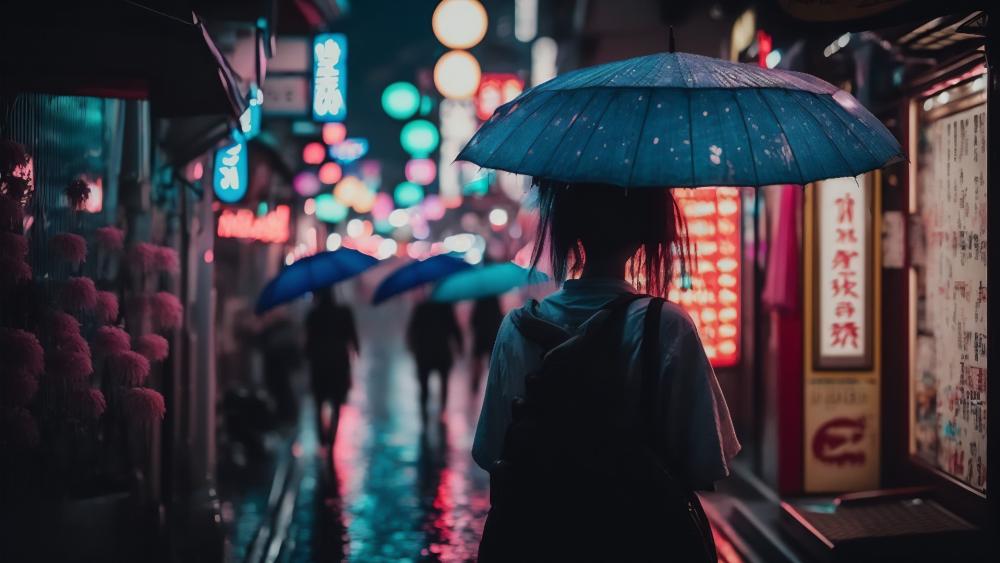 Neon Rainfall in a Japanese Alleyway Under Umbrellas wallpaper