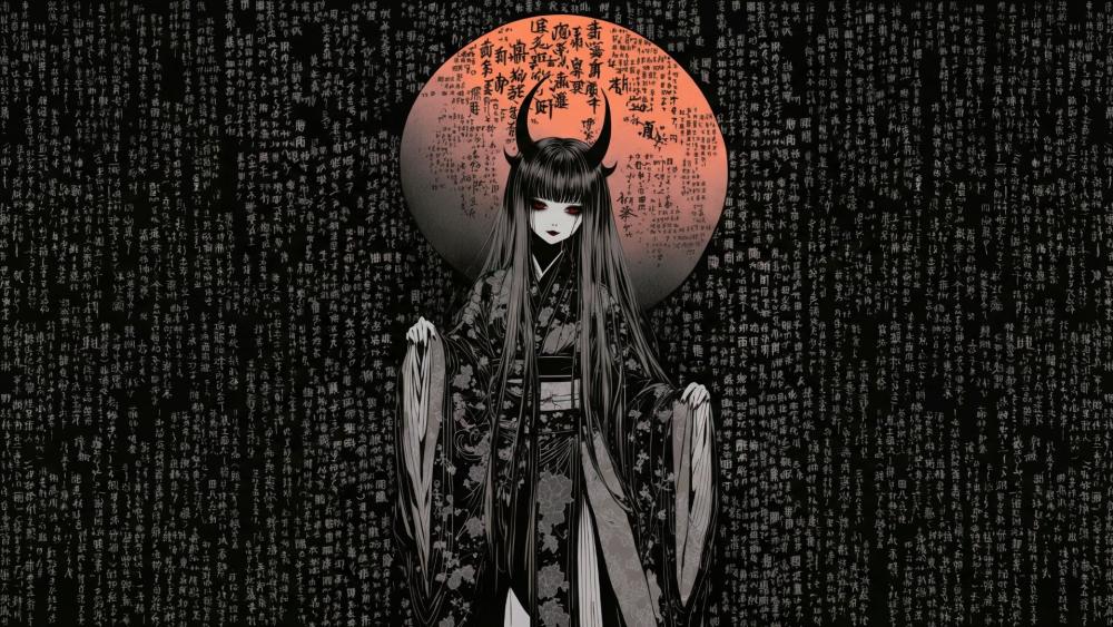 Moonlit Horned Demon in Floral Kimono Dark Anime Aesthetic wallpaper
