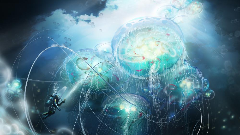 Diver Meets the Luminous Giant Jellyfish in a Blue Fantasy Deep wallpaper