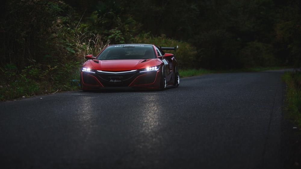 Crimson Acura NSX Type S Gliding Through a Quiet Forest Road wallpaper