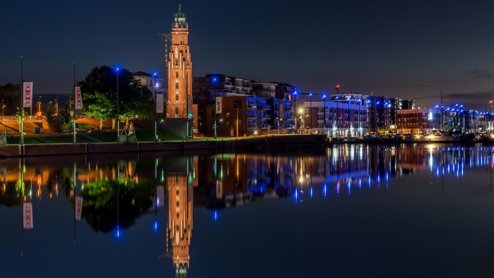 Simon Loschen Tower Reflections Over Bremerhaven Harbor at Night wallpaper