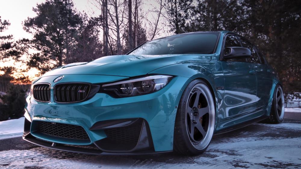 Teal BMW M3 Winter Stance in Twilight Forest Road wallpaper