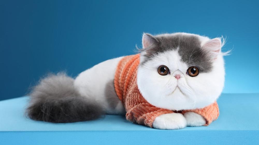 Cozy Sweater Kitty on Blue Minimal Background wallpaper