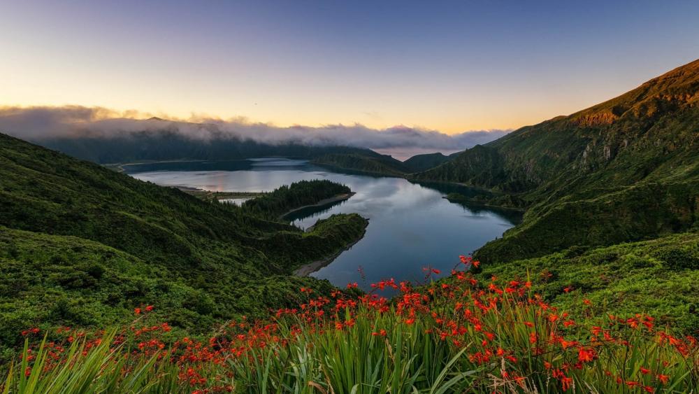 Sunrise Calm Over Lagoa do Fogo in the Azores wallpaper