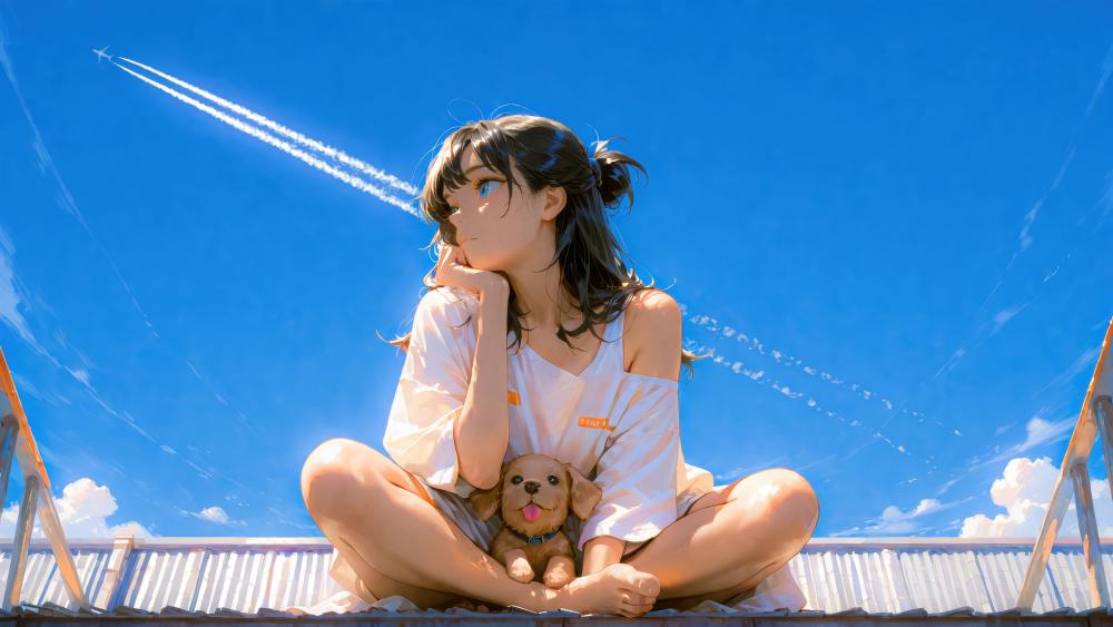 Rooftop Daydreams with an Anime Girl and Puppy Under Blue Skies wallpaper