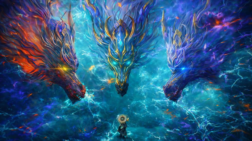 Celestial Triad Dragons Converge in Electric Anime Skies wallpaper