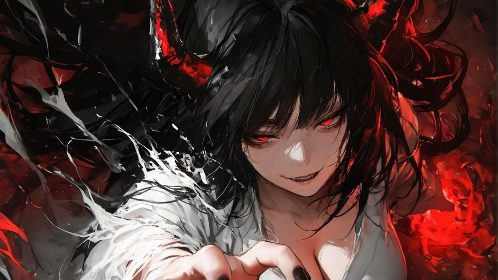 Crimson Horned Sorceress in Midnight Manga Shadows wallpaper