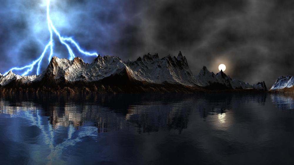Stormlit Mountain Kingdom Over Midnight Waters wallpaper
