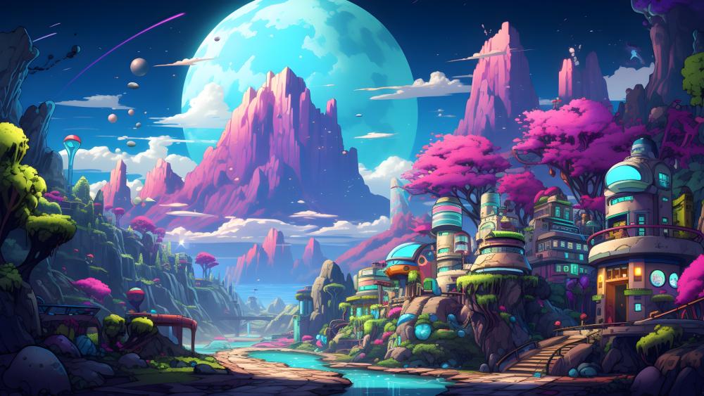 Neon Dreamscape City Beneath a Giant Moon wallpaper