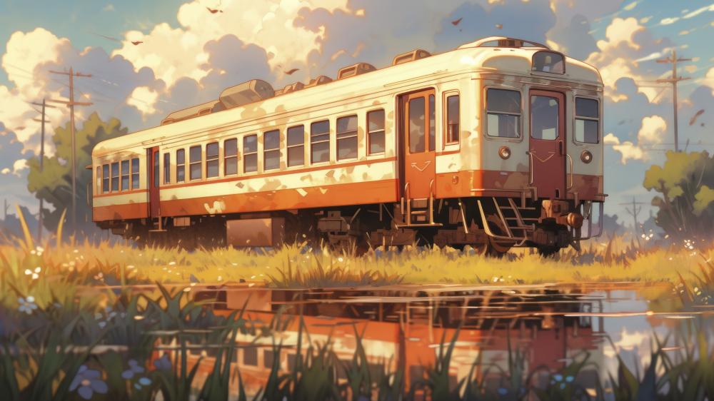 Sunlit Abandoned Anime Train by the Tracks in Peaceful Summer Fields wallpaper