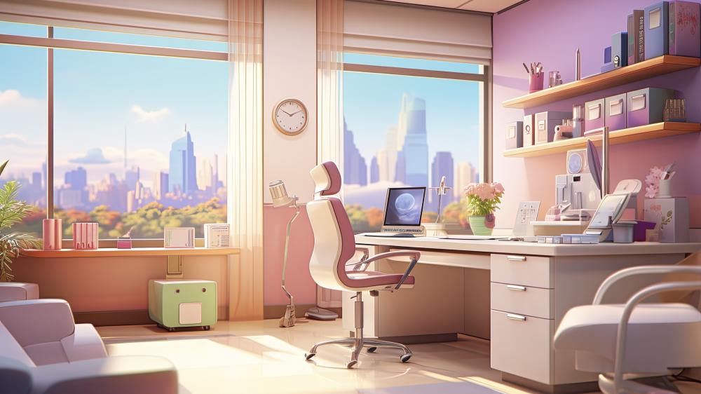 Sunlit Anime Office Desk with City Skyline Serenity wallpaper