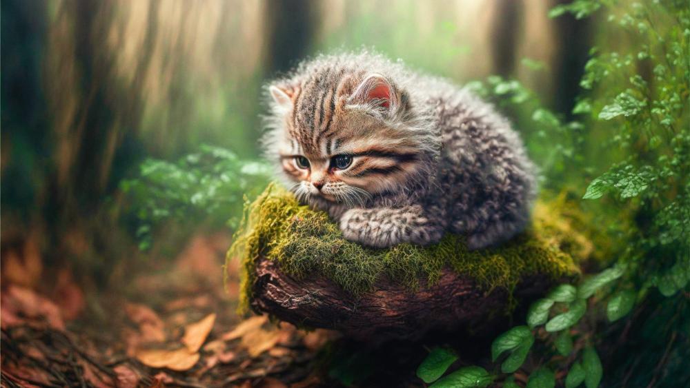 Tiny Forest Kitten Resting on Mossy Log in Soft Light wallpaper