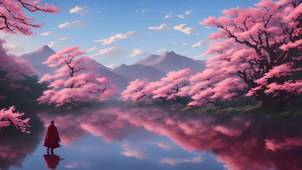 Crimson Cloaked Knight Beneath Sakura Skies by the Mirror Lake wallpaper