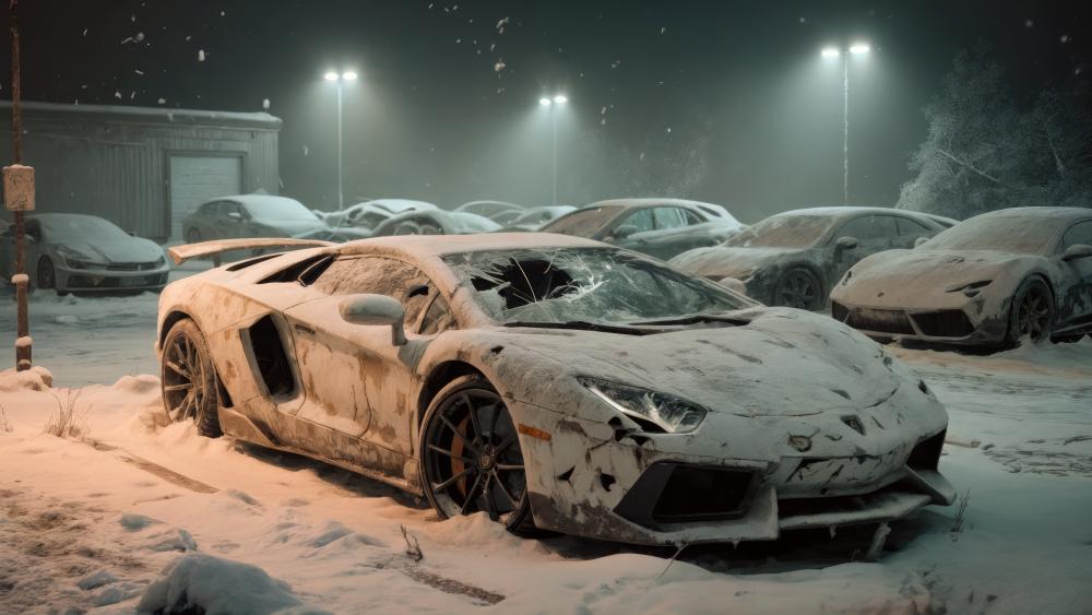 Abandoned Lamborghini Supercar Buried in Snowy Winter Night 4K AI Art wallpaper